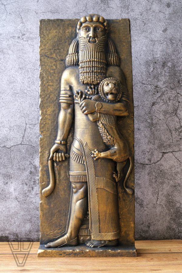 Detailed sculpture of Gilgamesh, the ancient Sumerian king, standing in a heroic pose with intricate details